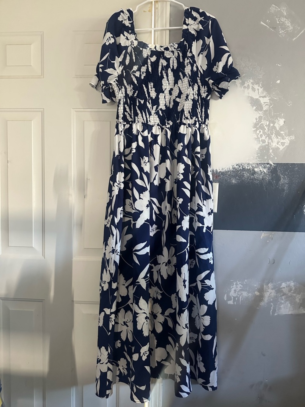 SHEIN Navy and White Floral Smocked Midi Dress